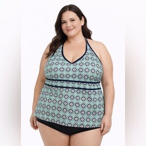 Lands’ End Tankini Top 20W Plus Size Halter Swim Top Shelf Bra Blue Aqua Print